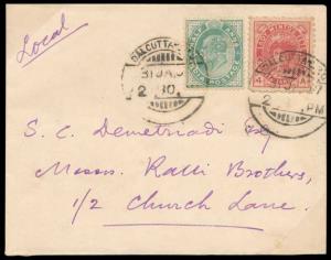1907 Local Cover with KED VII ½ a. Yellow Green, SG 121, Perfin with “R” inverted & revers