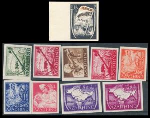 1943, Azad Hind Set of 9 Values, Imperf, 1r + 2r Black & Orange Flag, MNH, White Gum, Scar