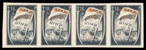 1943, Azad Hind 1r + 2r, Black & Orange flag, Imperf, Strip of 4, MNH, White Gum, Very Sca