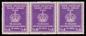 “Their Majesties Silver Jubilee Fund” ½ a., Strip of 3 labels, MLH, MNH (2), Fine.