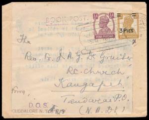 1947 Reused Envelope with address written on pasted piece of paper with KG VI ½ a. & 3 p. 