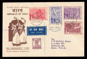 1950 Republic of India, Registered Air Mail FDC to USA, Set of 4 Stamps, SG 329/32, additi