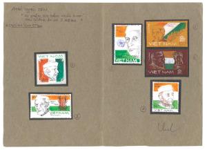 Vietnam, Jawaharlal Nehru Stamp, Original Artist Design, Proofs (6) pasted on paper with A