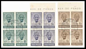 1948, Mahatma Gandhi, Set of 3 stamps, SG 305/06, Block of 4, “BOMBAY G.P.O.” cancel, with