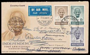 1948, Mahatma Gandhi FDC to Switzerland, by Air Mail ,Set of 3 stamps SG 305/07, “Ballard 