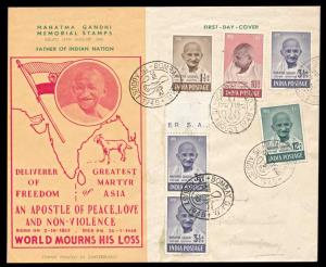 1948, Mahatma Gandhi Private FDC, Set of 4 stamps (Bombay G.P.O.), with additional margina