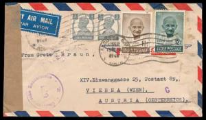 1948 Air Mail cover from Calcutta to Austria, tied with Mahatma Gandhi 1 ½ a. & 12 a. SG 3