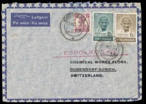 1948 Air Mail cover from Bombay to Switzerland, tied with Mahatma Gandhi 1 ½ a. & 12 a. St