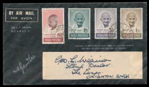 1948, Mahatma Gandhi Mourning Registered FDC addressed to England, Set of 4 stamps (Bombay