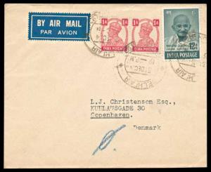 1948, Mahatma Gandhi, Air Mail Cover with 12 a., SG 307 & KG VI 1 a. pair, addressed to De