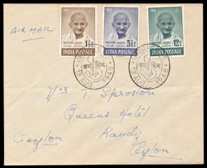 1948, Mahatma Gandhi, set of 3 stamps on plain Air Mail Cover addressed to Ceylon, SG 305/