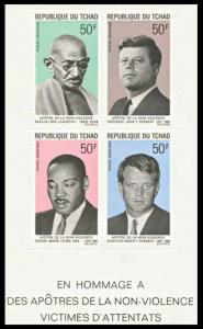1969 Chad, Apostles of Peace, Set of 4 Stamps, Perf.MS, Mahatma Gandhi Profile, Brown and 