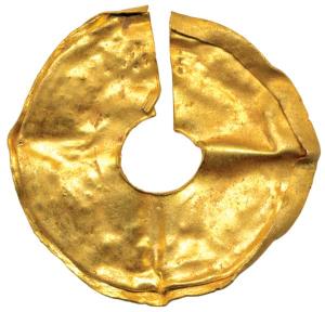 Primitive Gold Jewellery, (c 100-300 AD) 4.12g, a circular disc with hole and opening for 