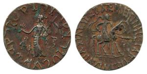 Indo Scythian, Azilises, Silver Tetradrachm 9.56g, king holding spear mounted on a horse t