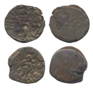 Mathura, Brahmamitra, Copper (2), standing Lakshmi on obv., Brahmi legend around. Fine+, R