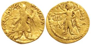 Kushanas, Kanishka (c. AD 130-158), Gold 1.95 g ¼ Stater, obv. king holding a spear in his