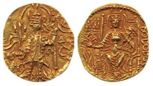 Kushanas, Vasudeva II, Gold Dinar, king standing to left offering oblations at an altar on