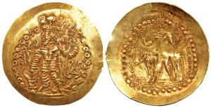 Kushano Sassanian, Varhran Kushan Shah III (c. AD 356-410), Gold 7.75g Stater, obv. king s