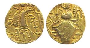 Kidara Kushanas, Base Gold, king standing to left on obv.; crude execution of Lakshmi on r
