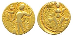 Guptas, Samudragupta (AD 335-380), Gold Dinar, Standard type, obv. king nimbate standing l
