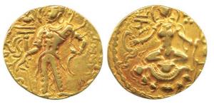 Guptas, Samudragupta, Gold Dinar, Archer type, king standing left holding bow with the arc