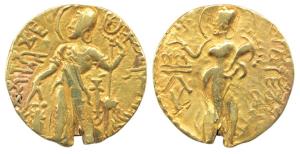 Guptas, Samudragupta, Gold Dinar, Kacha type, king standing to left, holding a wheel-heade
