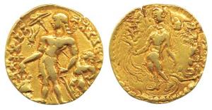 Guptas, Chandragupta II (AD 380-413), Gold Dinar, Chhatra type, an attendant behind holdin