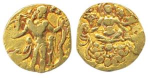 Guptas, Chandragupta II, Gold Dinar, Archer type, king facing right instead of the usual l