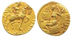 Guptas, Chandragupta II, Gold Dinar, Horseman type, king riding a prancing horse to right 