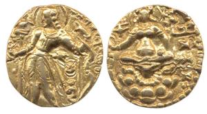 Guptas, Chandragupta II, Gold Dinar, Archer type, king nimbate standing left, holding arro