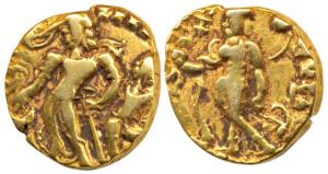 Guptas, Chandragupta II, Gold Dinar, Chhatra type, an attendant holding a royal umbrella C