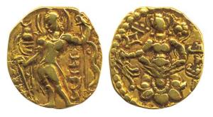 Guptas, Chandragupta II, Gold Dinar, Archer type, king holding bow and arrow with Garuda s
