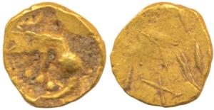 Chola, Gold Fanam, 0.41g, a boar standing to left on obv. (Mitch 269). About Very Fine, Ra