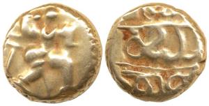 Vijayanagar, Bukka Raya I, Gold Pagoda, warrior walking right with upraised right hand on 