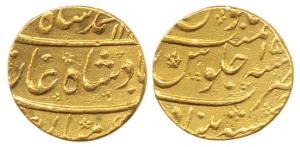 Muhammad Shah, Gold Mohur, 10.95g, Khujista Bunyad Mint, RY 15 (KM.438.13). Extremely Fine