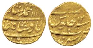 Muhammad Shah, Gold Mohur, 10.82g, Sahrind Mint, AH 114x/12, (KM.438.21). About Very Fine,