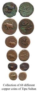 Collection of 68 different copper coins of Tipu Sultan, representing 7 copper issuing mint