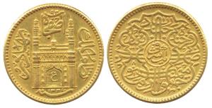 Mir Usman Ali Khan, Gold Ashrafi, Charminar on obv., AH 1337/8, (KM 57a). Extremely Fine, 