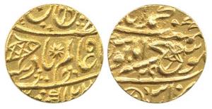Muhammadabad Banaras Mint, Gold Mohur, in the name of Shah Alam II, fish, sun-burst and fl