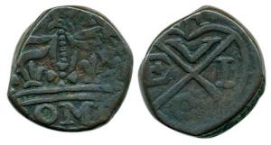 Copper Double Pice, 1773, 10.2g, EIC bale mark on obv.; BOMB written below crown on rev. (