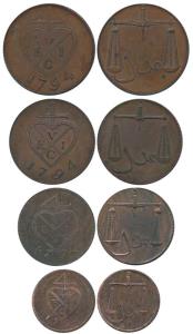 Copper (4), Complete Proof set of 2 Pice, 11/2 Pice, Pice and ½ Pice also known as 8, 6, 4