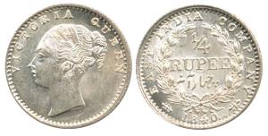Victoria Queen, Silver ¼ Rupee, 1840, continuous legend, Calcutta Mint, obv. Indian head, 
