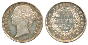 Victoria Queen, Silver ¼ Rupee, 1840, divided legend, Probably Bombay Mint, obv. W.W. rais