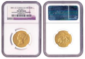 Victoria Queen, Gold Mohur, 1841, divided legend, WW incused on truncation, (KM 462.1). Sl