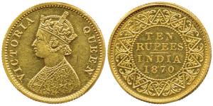 Victoria Queen, Proof Gold Ten Rupees,1870 (KM 479). Proof Restrike, few test marks on the