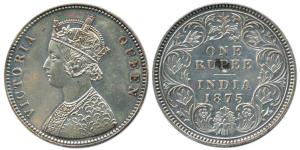 Victoria Queen, Proof Silver Rupee, 1875, Calcutta Mint, (KM 473.2). Proof Restrike, Rare.