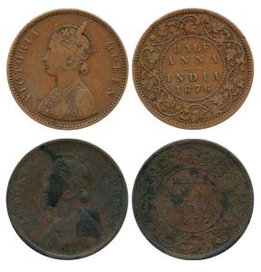 Victoria Queen and Empress, Copper (2) ½ Anna, 1876 and 1877. Fine+ and About Very Fine, R