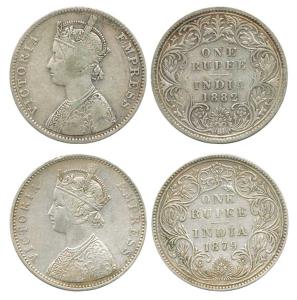 Victoria Empress, Silver Rupee (2), 1879, Bombay Mint, obv. A3, rev. II, Dot; 1882 Bombay 