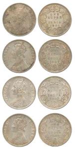 Victoria Empress, Silver Rupee (4), 1889 Bombay Mint, C2 / I / 'B' Incuse; 1893 Bombay Min
