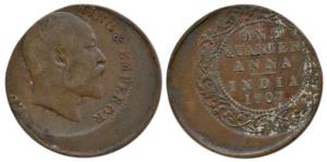 Edward VII, Copper ¼ Anna, Calcutta Mint, 1907, Error, off-centre, die shift on both sides
